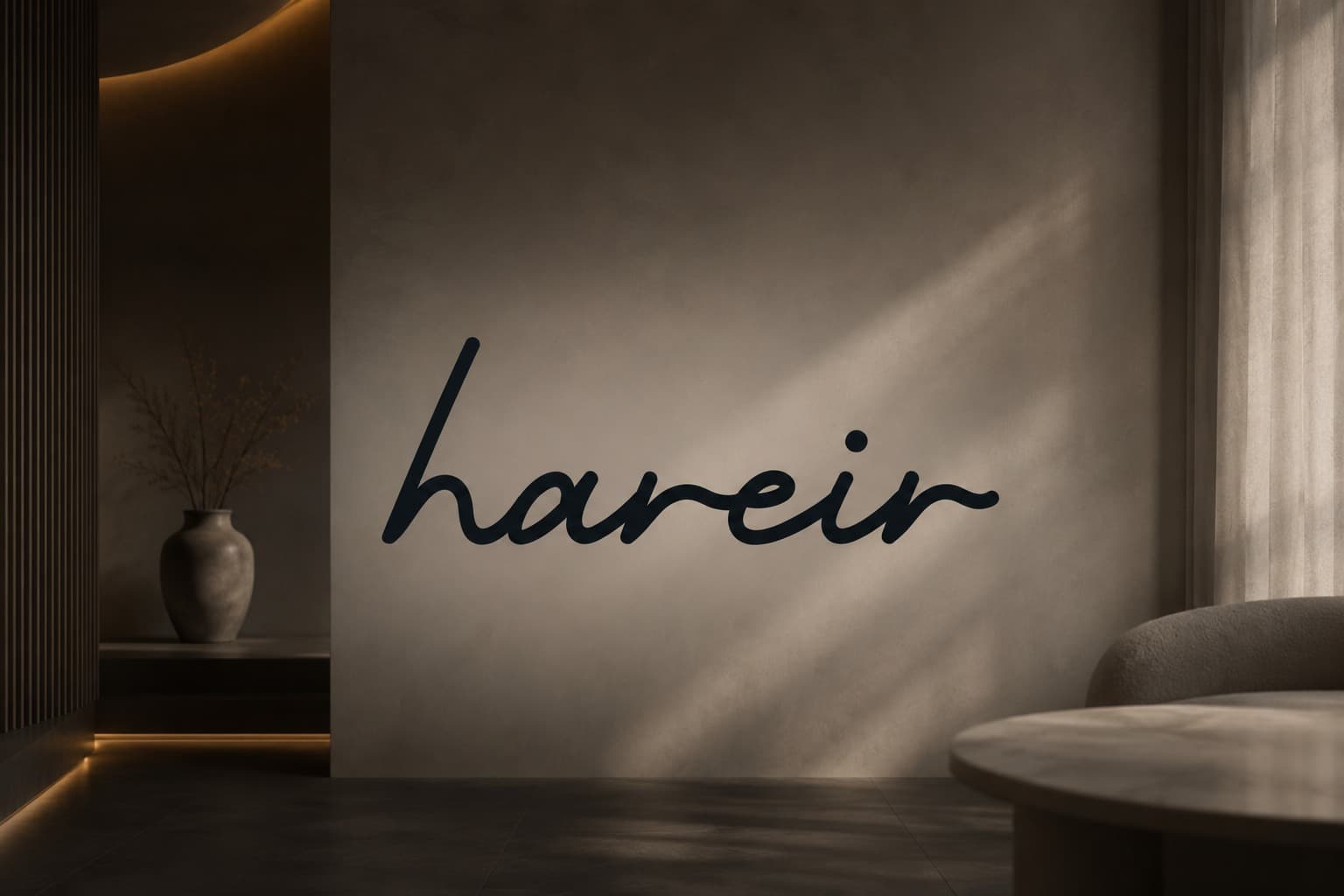 hareir brand wall with timber and light