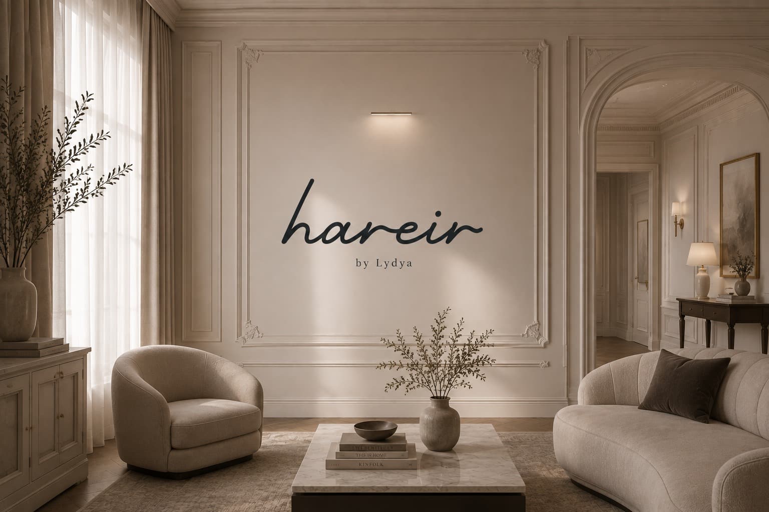 hareir by Lydya — luxury living space with brand wall